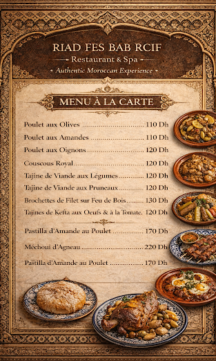 Plats et table du restaurant du Riad Fès Bab Rcif 1
